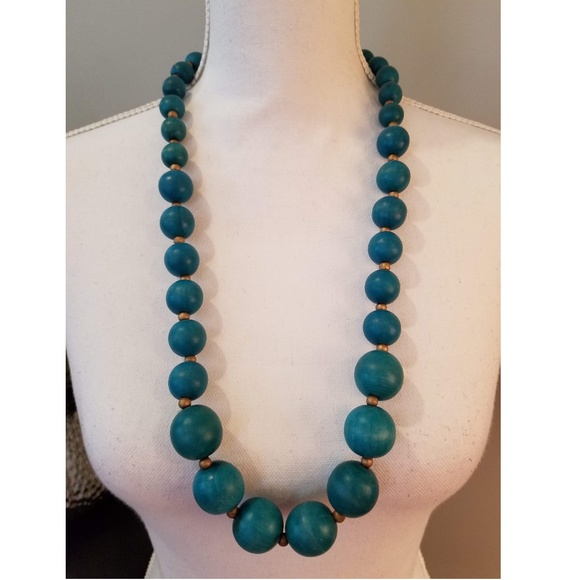 Turquoise/Gold Wooden Bead Necklace - Picture 2 of 2